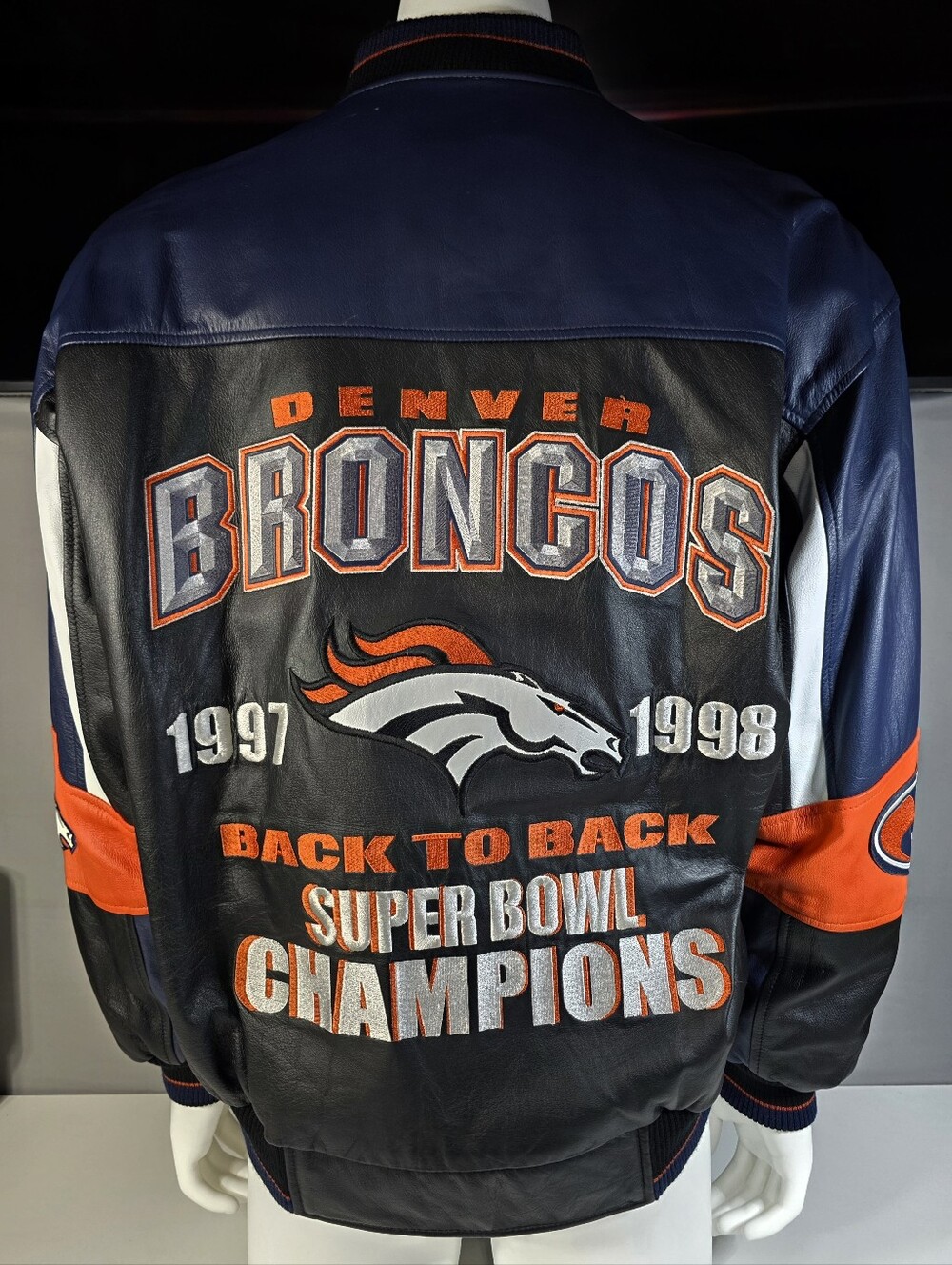 VTG 90's DENVER BRONCOS BACK 2 BACK CHAMPS G-III CARL BANKS LEATHER JACKET XL